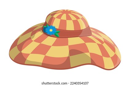 Orange baby hat, panama cap with decorative ribbon and summer blue flowers. Headdress for child in bright checkered pattern. Cartoon vector isolated on white background