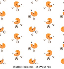 Orange baby stroller vector seamless pattern. Perambulator, pram, pushchair background, packaging