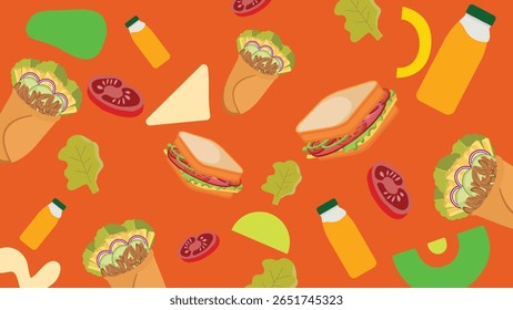 Orange backdrop with wraps, club sandwiches, veggies, and juice bottles. Energetic food-themed background with a fresh vibe.