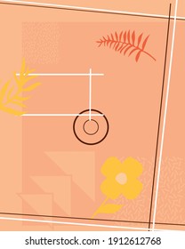 fondo naranja con formas abstractas y flor y hojas amarillas, diseño colorido, ilustración vectorial