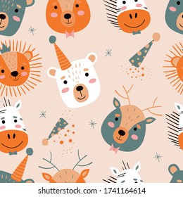 Orange background with bears, zebras, lions, deer, circles and stars. Fun children 's background for design, pattern, banner.
