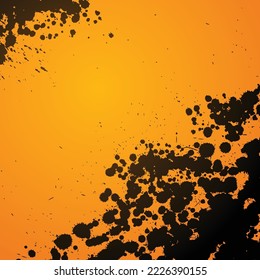 Orange background with black ink blots silhouettes. Blood splash wallpaper. Flat spray of grunge liquid