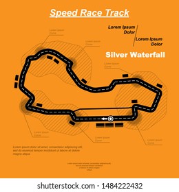 Orange background with black road silhouette and sample text