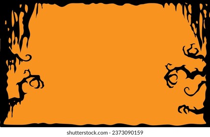 Orange background with black silhouettes of scary branches of a magical forest. Halloween background. Vector illustration.
