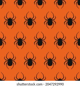 Fondo naranja y arañas negras. Patrón o fondo de pantalla sin inconveniente. Vector.