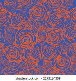 orange background with blue red flowers roses floral seamless pattern vector illustration Pretty flowers on blue background. Printing with small flowers. Ditsy print. Seamless texture