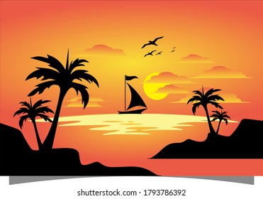 orange background with boat and sunset