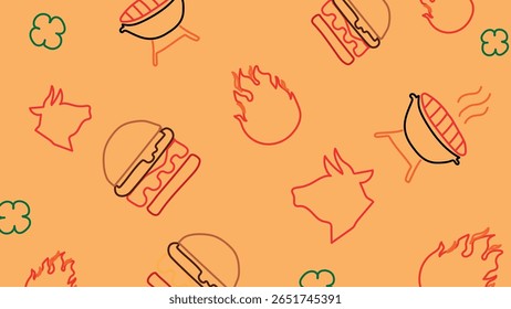 Orange background with burger, grill, cow, and flame icons. A bold BBQ-inspired design for cookout, food festival, or meat branding visuals.