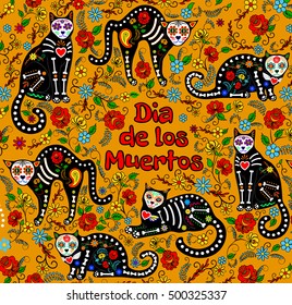 Orange background with calavera cats and sugar skills for Day of the Dead, Dia de los Muertos