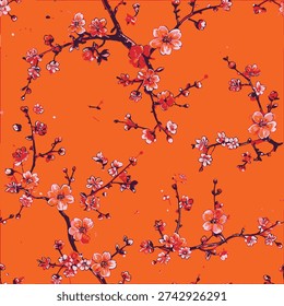 orange background, cherry blossoms, red flowers, pink petals, white blooms, dark branches, repeating pattern, textile design, decorative print, artistic fabric