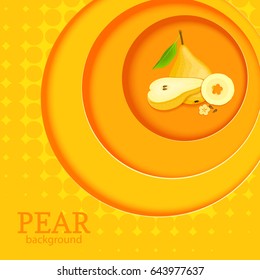 Orange background with circles on top of each other and ripe fruit pear. Vector illustration. Ripe fresh yellow pears round volume background with shadow, for the design of juice food detox diet