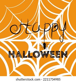Antecedentes naranjas con telaraña y una araña colgando de una telaraña con la inscripción feliz halloween. Ilustración para una tarjeta, invitación, volante, pancarta de halloween.