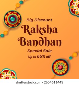 Orange background with decorative Rakhi designs. Big Discount, Raksha Bandhan, Special Sale, Up to 65% off. Rakhi elements are placed in corners. 65% off. Big Discount.