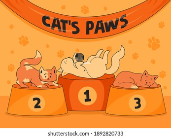 Orange background design with funny cats on podiums. Cat paws places for cute kittens. Pets and domestic animals concept. Template for promotional or invitation web page