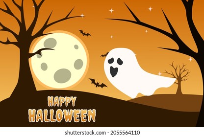 orange background design for halloween celebration for banner. cute ghost cartoon flying.