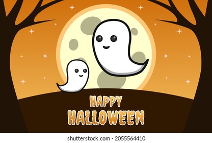 orange background design for halloween celebration for banner. cute ghost cartoon flying.