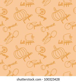 Orange background with doodle fruits and vegetables