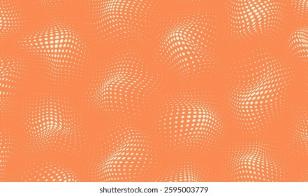 Orange background with dots. Halftone dot pattern. Wavy half tone effect. Spotted optical texture. Futuristic pop art print. Colored banner. Abstract vector illustration.