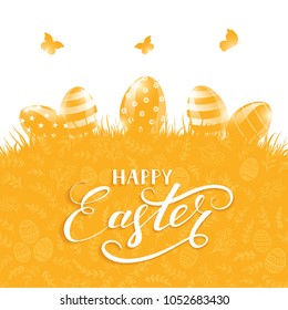 Orange background with Easter eggs in a grass and floral pattern. Holiday lettering Happy Easter, illustration.