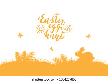 Orange background with Easter eggs in a grass and cute rabbit. Holiday lettering Happy Easter with sun and flower, illustration.