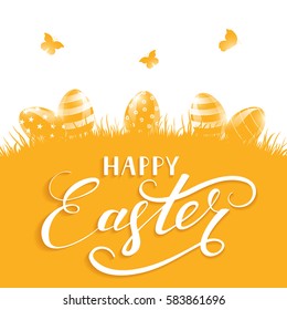 Orange background with Easter eggs in a grass, holiday lettering Happy Easter, illustration.