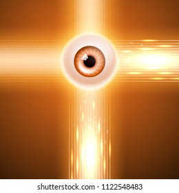 Orange background with eye and binary code.