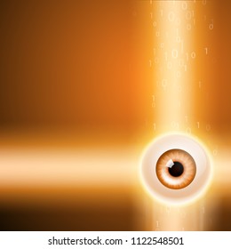 Orange background with eye and binary code.