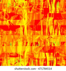 Fondo naranja, para tela, tapas de libro, papel de envoltura, diseño doméstico. Líneas onduladas, puntos sin forma como hojas. Patrón cortado en tiras horizontales. Superposición. Plantilla vectorial abstracta sin fisuras.