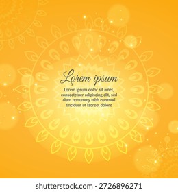 Orangefarbener Hintergrund mit komplizierten kreisförmigen Mustern, subtilen Bokeh-Effekten und einem zentralen dekorativen Rahmen mit Platzhaltertext, der an ein festliches oder abstraktes Design erinnert.