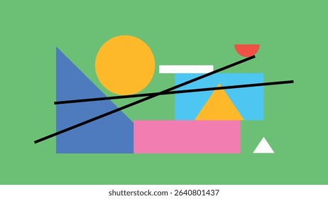 Orange background featuring pink circle, blue square, and sharp red triangle elements with intersecting diagonal black lines.