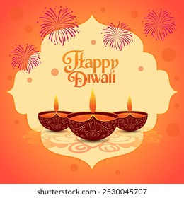 orange background with fireworks in the corners A decorative frame in the center holds three diyas arranged in a row with Happy Diwali written in a festive font across the top conveying joy 