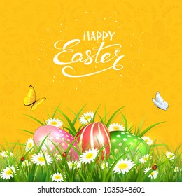 Orange background with floral pattern and lettering Happy Easter, flying butterflies and colorful Easter eggs in grass and flowers, illustration.