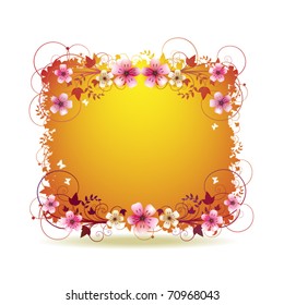 Orange background with flowers and butterflies isolated on white