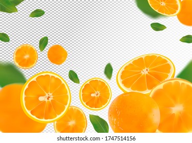 Orange background. Flying orange with green leaf on transparent background. 3D realistic fruits. Orange falling from different angles. Motion orange fruits are whole and cut in half.Vector