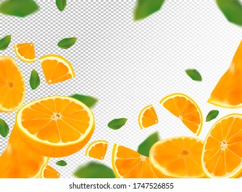 Orange background. Flying orange with green leaf on transparent background. 3D realistic fruits. Orange falling from different angles. Motion orange fruits are whole and cut in half.Vector