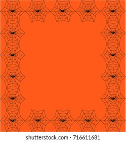 Orange background framed with the spider's web and spider. Vector template with space for  text.  Halloween invitation or greeting card.
