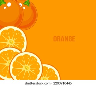 Fondo naranja. Pancarta de naranjas frescas sobre fondo naranja con espacio para copiar. Frutas cítricas, hermosas frutas frescas para publicidad, caja de embalaje, botella, pancarta, papel pintado, etc. vectoriales