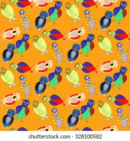 Orange background with funny owls. Cute.