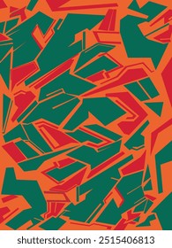 Orange background with green motifs with various abstract shapes.