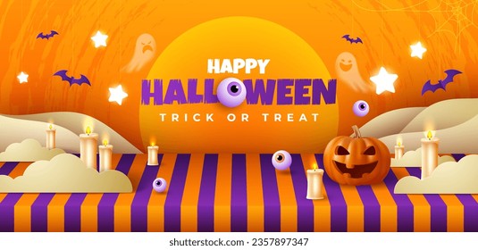 Orange background Halloween banner template, ghostly pumpkin, and spooky elements. Perfect as website background or Halloween themed banner design.