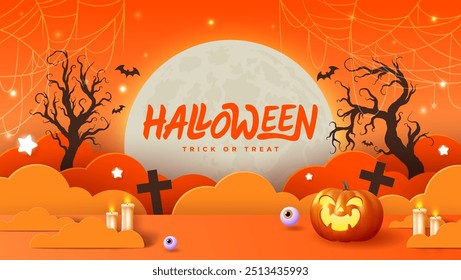 Orange background Halloween banner template on spooky elements. Perfect as website background or Halloween themed banner design.