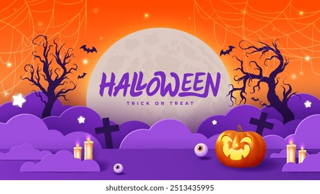 Plantilla de Anuncio de Halloween de fondo naranja en Elementos espeluznantes. Perfecto como fondo de Sitio web o diseño de Anuncio temático de Halloween.