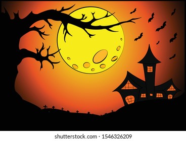The orange background has a moon with castles and trees.