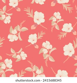 An orange background has peach blossoms and leaves on their branches in creamy peachy colors creating a vector repeat seamless pattern design.