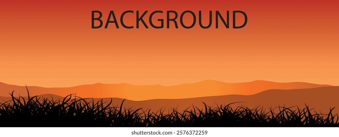 Orange background with hills, clear sky and black silhouette of grass. Vector