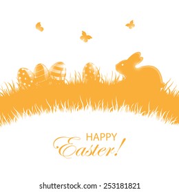 Orange background with little rabbit and Easter eggs in a grass, illustration.