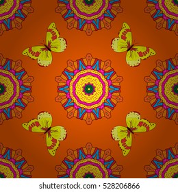 Orange background with mandalas and butterflies. Vector.