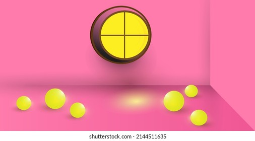 Orange background, minimalist style, with yellow light on the window. gleaming with golden pearls