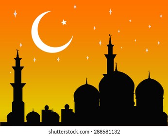 Orange background with mosque and crescent moon, vector illustration