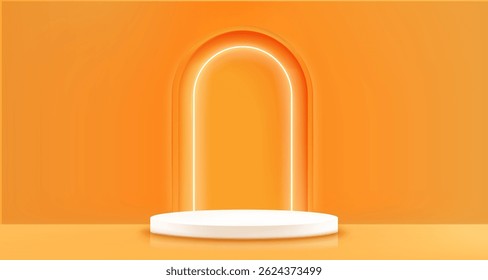 Orange background with podium and archway - blank curved arch with round platform illuminated by bright neon glow. Minimal 3d pedestal in tangerine color. Stylish vivid showcase or display mockup.